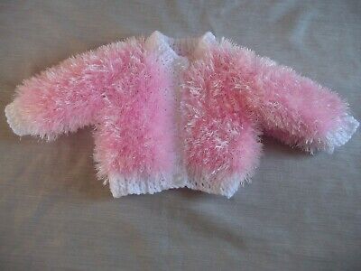 You are currently viewing HAND KNITTED BABY CARDIGAN  0-3 MONTHS  PINK FLUFFY/WHITE TRIM